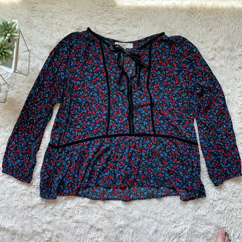 LOFT Floral Boho Blouse with Velvet Detailing